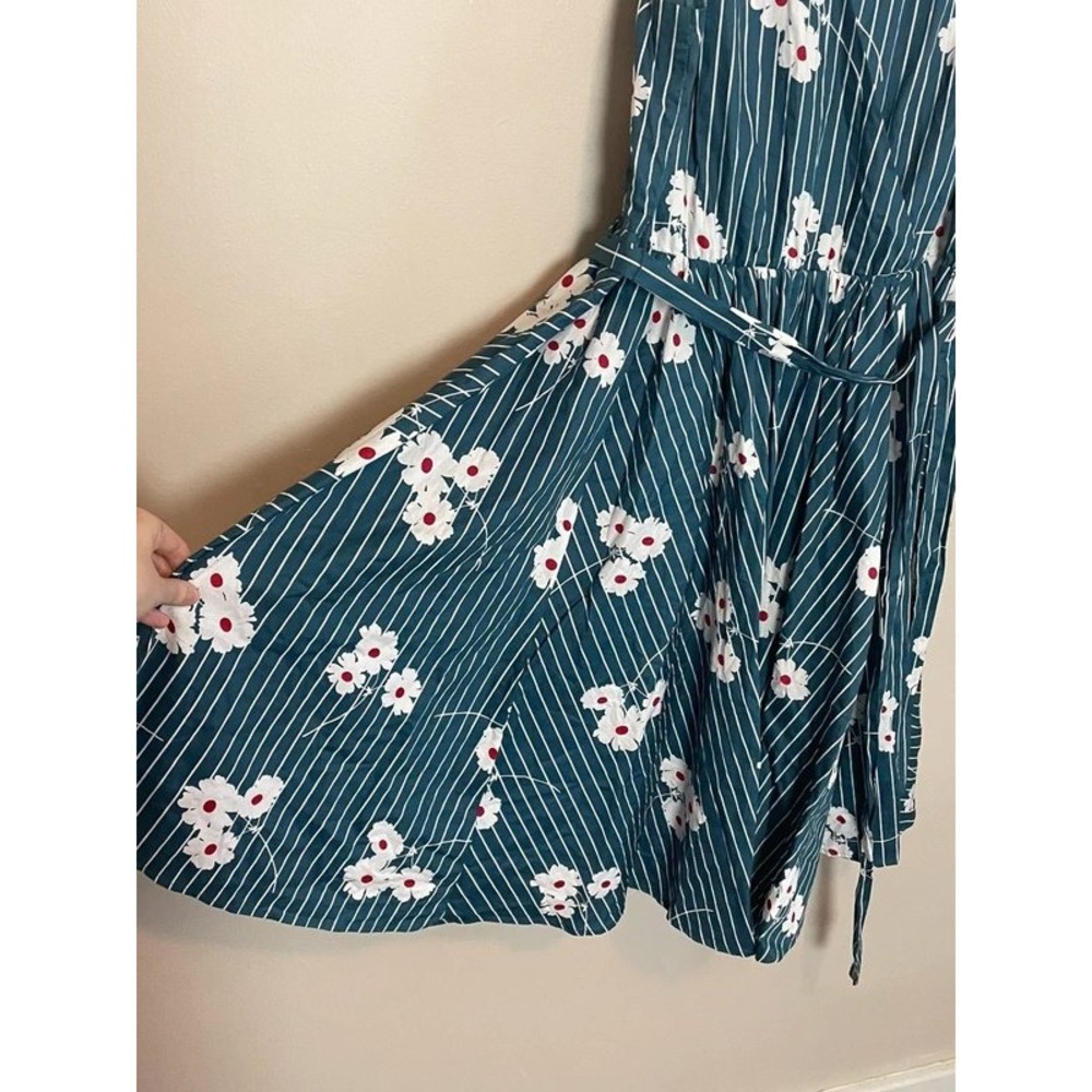 ModCloth Instant Energy Faux-Wrap Dress Teal Striped Floral Daisy Midi 12 - Picture 3 of 5